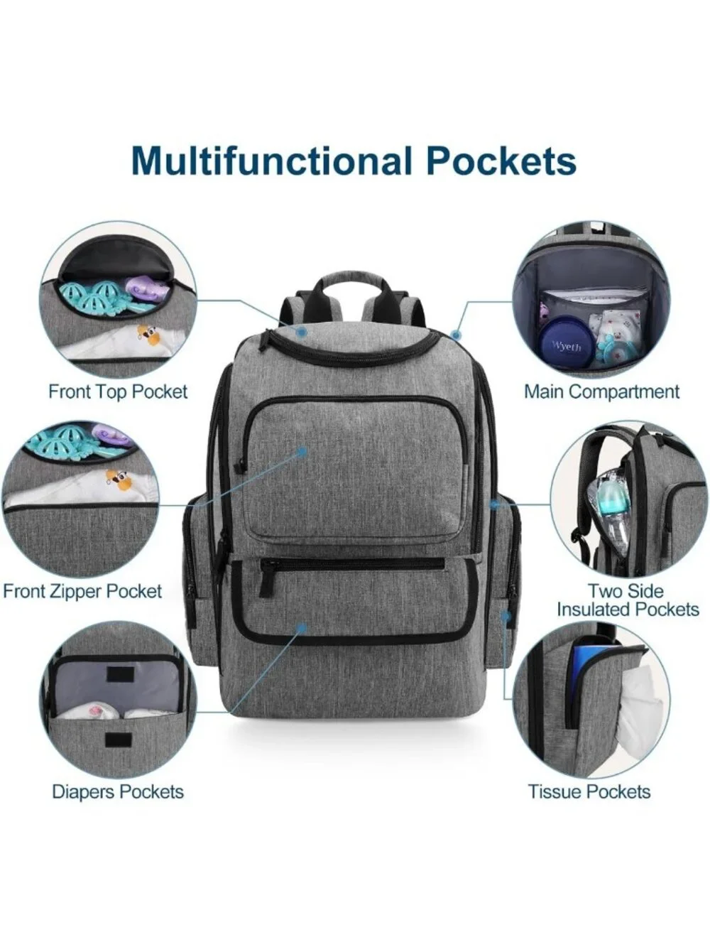 Stylish Waterproof Diaper Bag Backpack with Insulated Pockets & Stroller Straps